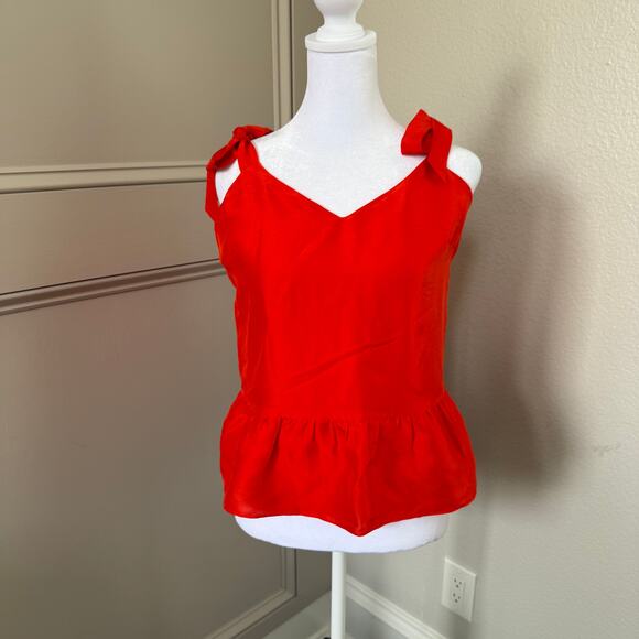 J Crew Bright Red Silk Shoulder-tie Peplum Lined Blouse Romantic Size 2 - Picture 1 of 5